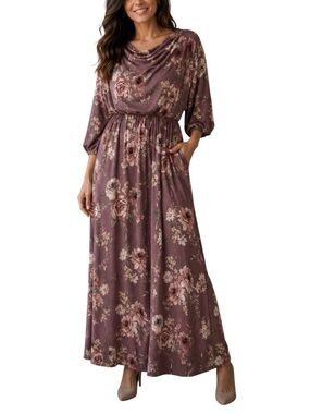 White Birch Mauve Floral Maxi Dress w/Cowl Neck Size XL Elastic Waist Side Split